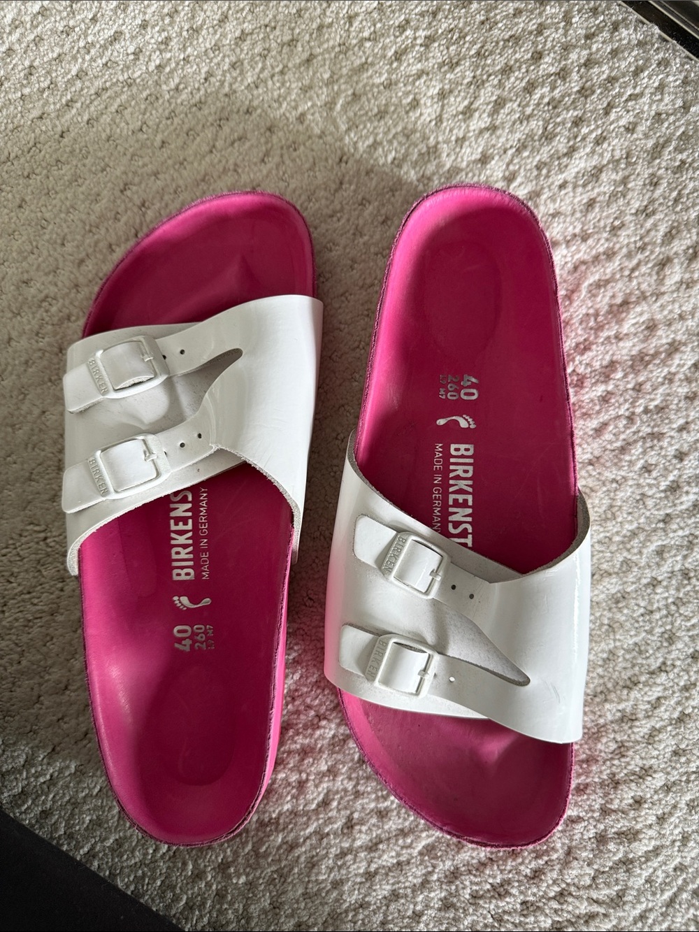 Birkenstock White Double Strap Slide Sandals with Pink Footbed